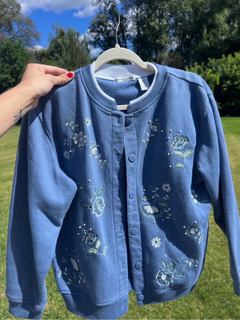 Vintage Bonnie Evans Embroidered Beaded Fleece Cardigan Sweater Blue/ medium